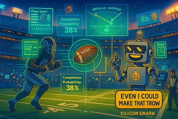 Futuristic NFL stadium scene with holographic stats and the grinning SiliconSnark robot analyzing a glowing football