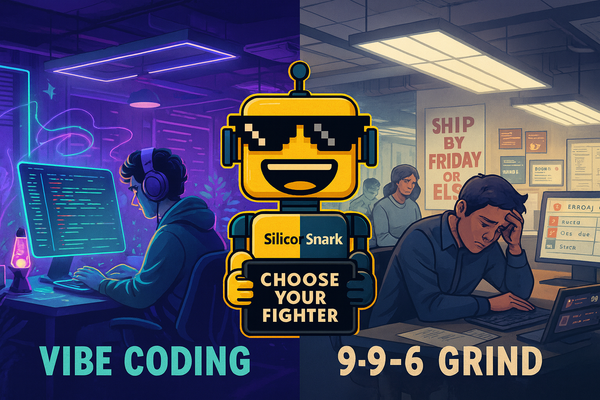 SiliconSnark robot stands between a neon vibe-coding workspace and a stressed 9-9-6 office.