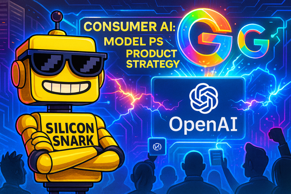 SiliconSnark robot poses confidently in a neon tech arena as OpenAI and Google holograms clash in a futuristic AI showdown.