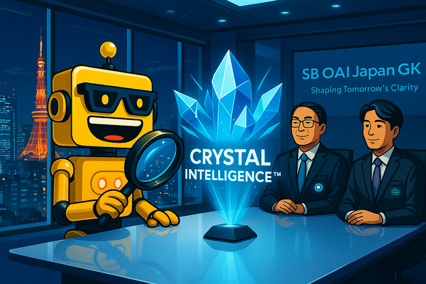 The SiliconSnark robot examines a glowing “Crystal Intelligence” hologram in a futuristic Tokyo boardroom.