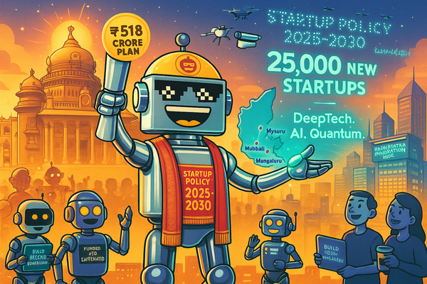 SiliconSnark robot celebrates Karnataka’s ₹518 crore Startup Policy with drones, holograms, and a futuristic Bengaluru skyline.