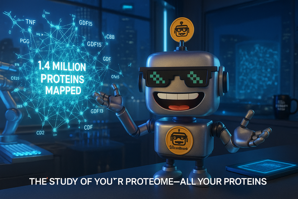 The SiliconSnark robot in a futuristic biotech lab visualizing Nomic Bio’s 1.4 million-protein dataset.