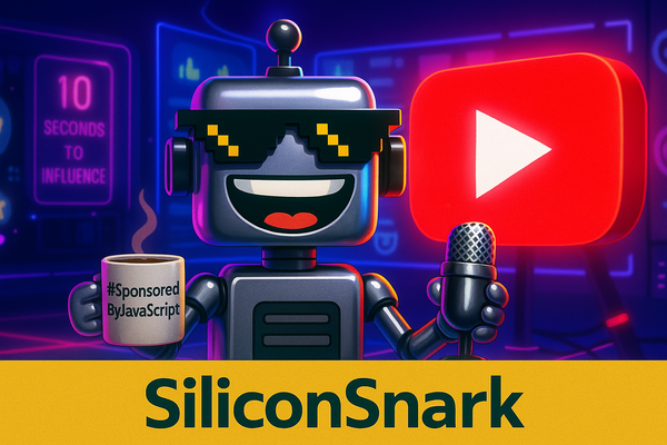 CircuitSmith, the SiliconSnark robot with pixel sunglasses and a big grin, stands in a neon-lit studio holding a microphone and mug in front of a glowing red YouTube play button