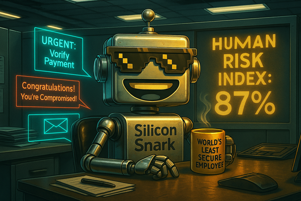 SiliconSnark robot in a cyberpunk office surrounded by deepfake emails, mocking human gullibility.