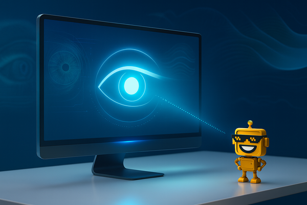 Futuristic monitor displaying a glowing blue eye graphic while a yellow SiliconSnark robot with pixelated sunglasses stands nearby, connected by a dotted gaze line.