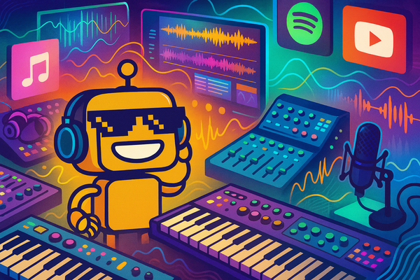 SiliconSnark robot in a futuristic music studio surrounded by synthesizers, mixers, waveforms, and streaming-era music technology.