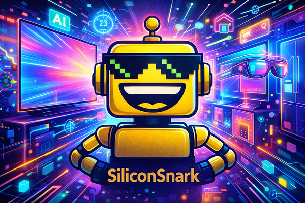 Colorful CES-style illustration of the SiliconSnark robot surrounded by glowing AI screens, smart devices, and futuristic displays.