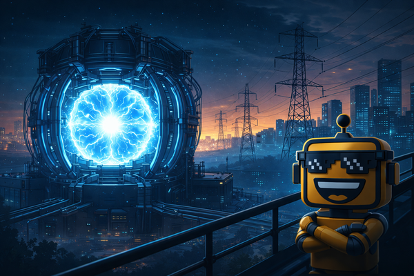 Futuristic fusion reactor powering a glowing city skyline as the SiliconSnark robot watches skeptically from the foreground.