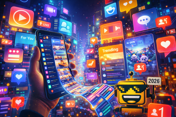 A glowing social media cityscape spilling from a smartphone as the SiliconSnark robot quietly peeks in holding a small “2026” sign.