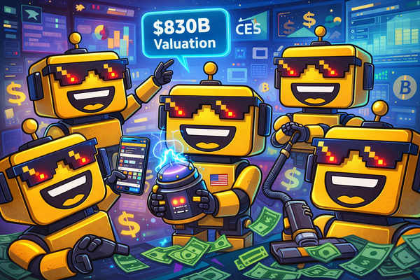 Illustration of multiple SiliconSnark robots with pixelated sunglasses joking about AI valuations, social media, CES buzzwords, crypto, and tech hype in a futuristic newsroom.