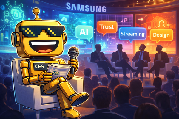 SiliconSnark robot moderates a CES 2026 tech panel on AI, streaming, trust, and design at the Samsung booth in Las Vegas.