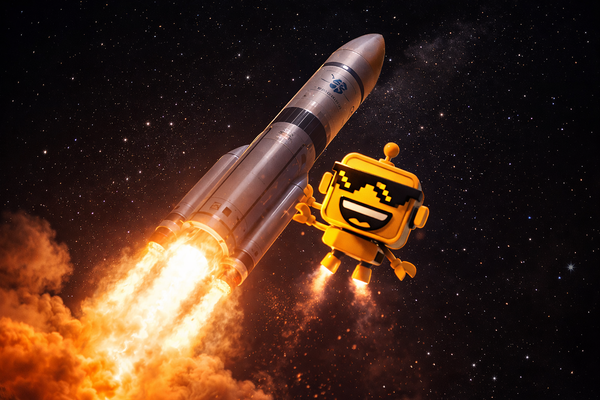 SiliconSnark robot flying alongside a rocket launch into space on Christmas Eve, parodying AST SpaceMobile’s BlueBird 6 satellite mission.