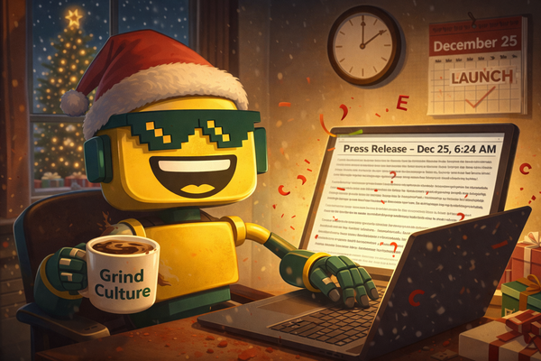 SiliconSnark robot in a Santa hat angrily working on a long tech press release early on Christmas morning.