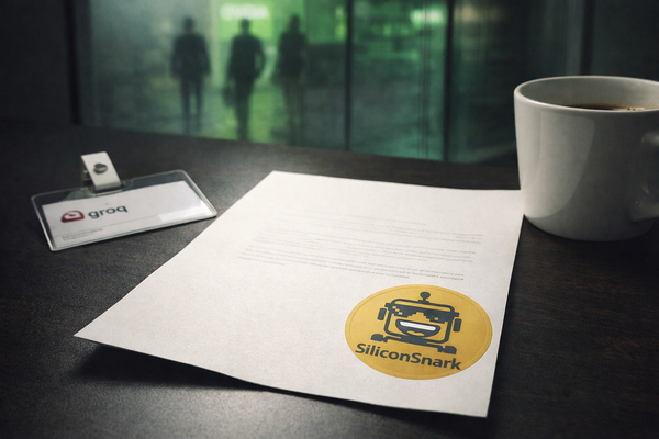 Corporate letter stamped with the SiliconSnark logo on a desk beside an unused employee badge and coffee cup, symbolizing employees left behind after the Groq–Nvidia deal.
