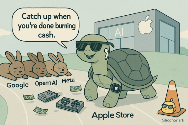 A smug tortoise with Apple gear passes exhausted tech hares as a tiny SiliconSnark bot watches from trackside.
