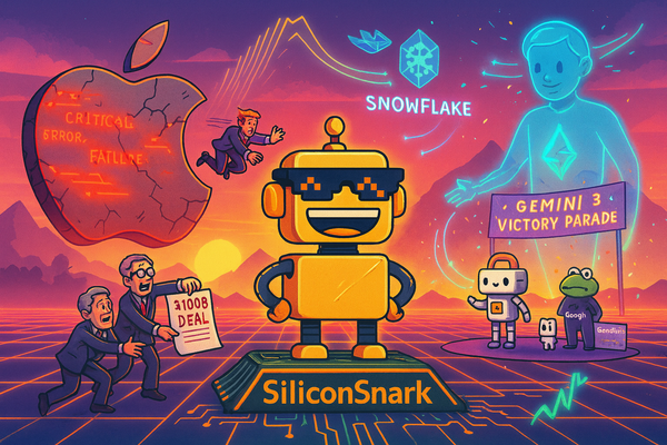SiliconSnark robot stands grinning in a chaotic tech landscape as Apple glitches, Netflix begs, and Anthropic towers above OpenAI and Google.