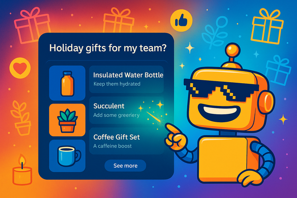 A cheerful yellow SiliconSnark robot in pixel sunglasses points at an AI gifting interface showing holiday gift suggestions