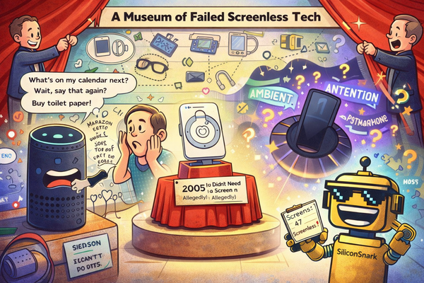 A satirical illustration of screenless tech history, from the iPod shuffle to AI pins, with the SiliconSnark robot tallying another win for screens.