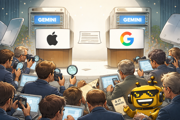 Satirical illustration of Apple and Google announcing an AI partnership with a tiny press release, confused reporters, and a hidden SiliconSnark robot holding a “47 words” sign.