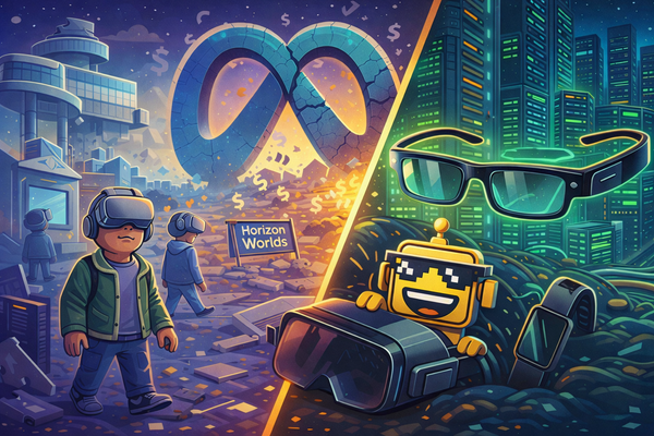 Satirical split image showing Meta’s abandoned VR metaverse colliding with its AI pivot, as the SiliconSnark robot smirks from the wreckage wearing smart glasses.