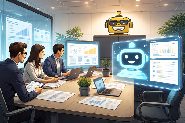 SiliconSnark robot watches skeptically as human researchers debate AI-driven market insights during a modern tech strategy meeting.
