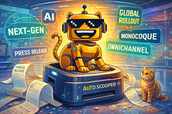 SiliconSnark robot reimagined as a smug robotic cat sitting atop a futuristic automatic litter box, surrounded by glowing tech buzzwords and an approving real cat.