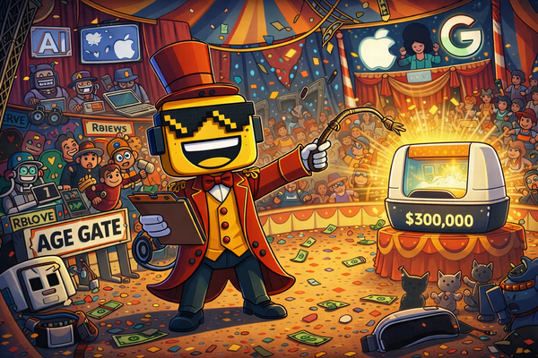 SiliconSnark robot plays ringmaster in a chaotic tech circus of AI hype, Roblox age gates, luxury smart litter boxes, and discarded metaverse dreams.