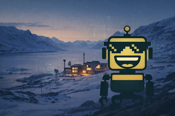 SiliconSnark robot overlooking a minimalist Greenland cityscape at dusk, surrounded by ice, mountains, and subtle tech infrastructure.