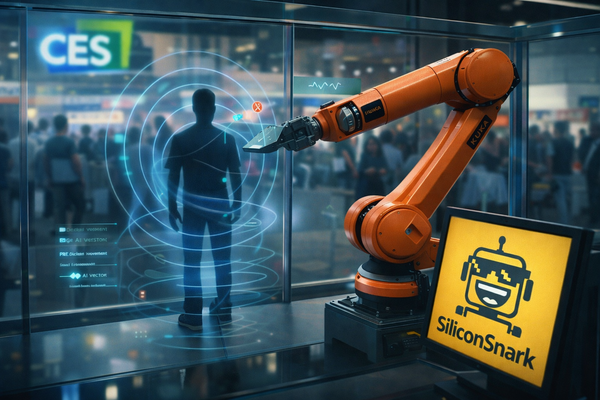 KUKA industrial robot uses edge AI to predict human movement in a glass CES 2026 demo, with SiliconSnark’s grinning robot logo watching from the corner.