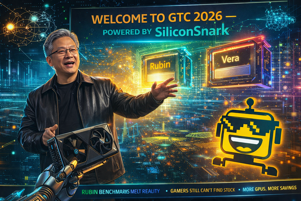 Futuristic illustration of Jensen Huang presenting at GTC 2026 with Rubin GPUs, SiliconSnark branding, and a robotic RTX hand.