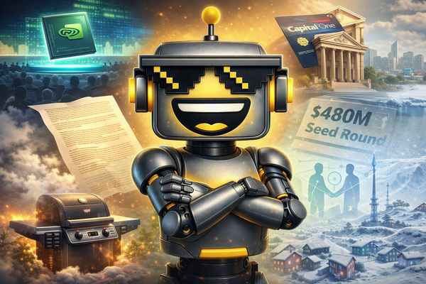 SiliconSnark robot smirks at a chaotic week in tech, surrounded by AI chips, fintech mergers, smart grills, stealth funding, and icy startup ambition.