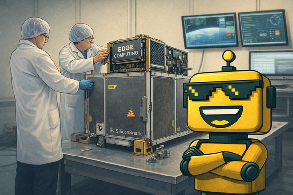 Illustration of engineers integrating an edge computing payload onto a small satellite in a cleanroom, with a SiliconSnark robot next to it