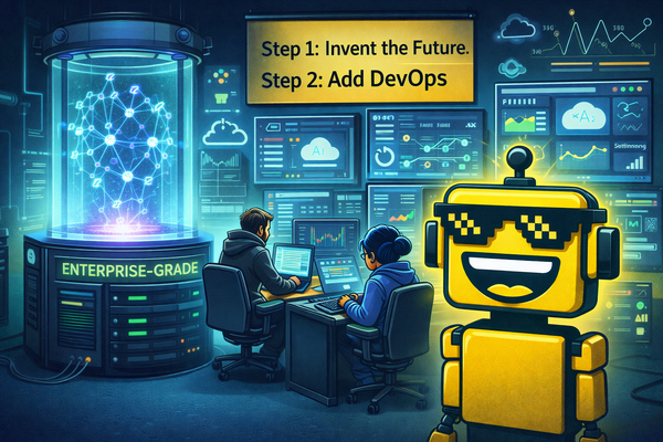 SiliconSnark robot watches engineers add DevOps and cloud dashboards to a glowing quantum computer labeled “enterprise-grade.”