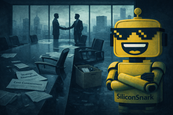 SiliconSnark robot with pixelated sunglasses watches a tense boardroom handshake amid layoffs and “strategic alternatives” papers during a bleak News Dump Friday scene.