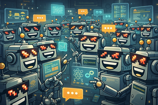 A crowd of SiliconSnark-style robots acting as AI agents, animatedly talking to each other inside a futuristic digital lab.