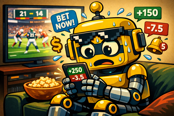 SiliconSnark robot nervously sweating on a couch while checking betting odds on his phone as a football game plays on a big-screen TV in the background.