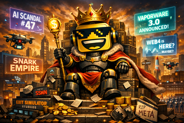 SiliconSnark’s grinning robot mascot, wearing pixelated sunglasses and a golden crown, sits like a maniacal king atop a futuristic tech empire of AI hype and satire.