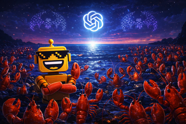 Hundreds of lobsters gaze at a glowing OpenAI symbol over the ocean while a SiliconSnark robot stands confidently among them.