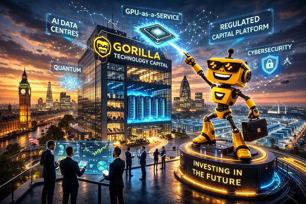 SiliconSnark robot in pixel sunglasses overlooks a glowing AI data center and London finance tower branded “Gorilla Technology Capital.”