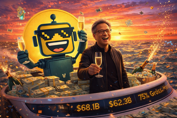 SiliconSnark robot and Jensen Huang toast champagne on a yacht floating through a sea of cash with NVIDIA earnings glowing at sunset.