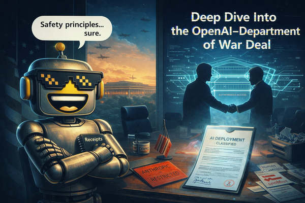 SiliconSnark robot smirks in a Pentagon war room as shadowy figures finalize a glowing classified AI deal behind it.