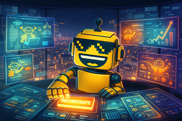 SiliconSnark robot presses a glowing “Incorporate” button while autonomously founding a startup in a futuristic AI control room.