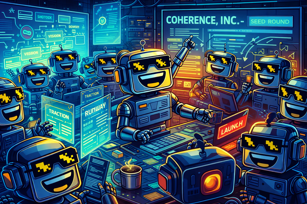 A crowded startup war room of SiliconSnark robots in pixelated sunglasses collaborating on launch day for an AI-founded company.
