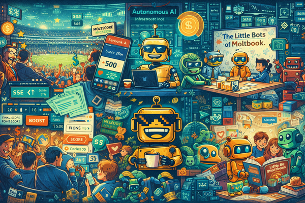  A busy illustrated collage of AI chaos and online culture, with the SiliconSnark robot hidden throughout like a Where’s Waldo figure amid bots, betting screens, and Moltbook scenes.