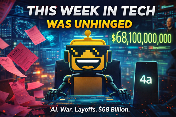 SiliconSnark robot in a Pentagon-style command center surrounded by flying pink layoff slips, a glowing $68B revenue number, and a minimalist “4a” phone teaser. 