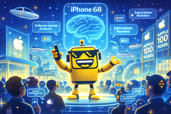 SiliconSnark robot hosting a futuristic Apple keynote in 2076 unveiling a brain-powered “iPhone 68” during Apple’s 100-year celebration.