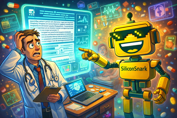 Cartoon doctor nervously consulting AI while the SiliconSnark robot confidently takes over the diagnosis in a chaotic futuristic exam room.
