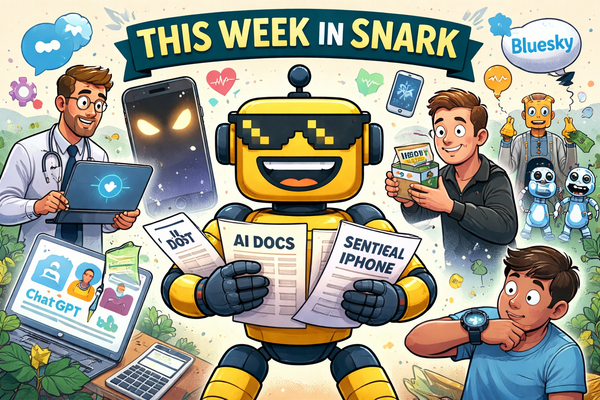 Cartoon SiliconSnark robot juggling chaotic tech news headlines about AI doctors, sentient iPhones, and robot earnings in a colorful “This Week in Snark” scene.