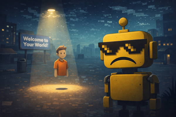 A sad SiliconSnark robot stands beside a lone legless avatar in an empty, glitching metaverse plaza as the world fades away.