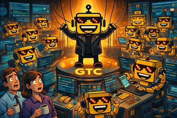 SiliconSnark robots in sunglasses run a chaotic AI office while a leather-jacket boss controls everything from a glowing GTC stage.